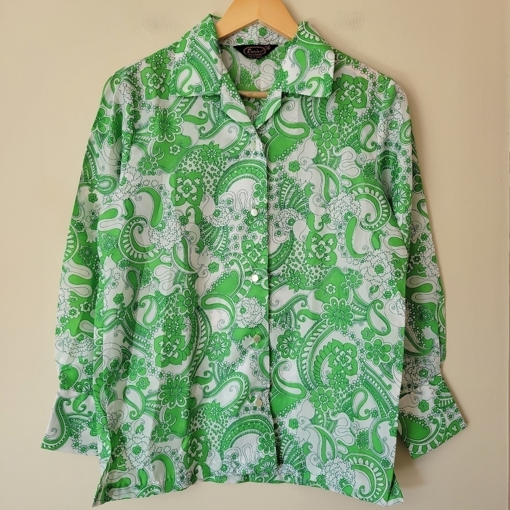 Vintage 70s Women's Lime Green Psychedelic Paisley Print Button Down Shirt Sz S